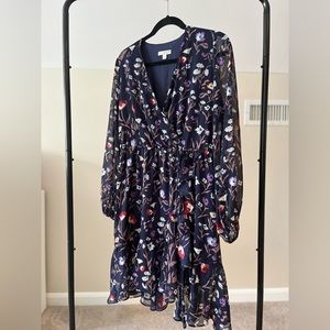 Eva Mendes Mini V-Neck Ruffle Dress with Long Sleeves